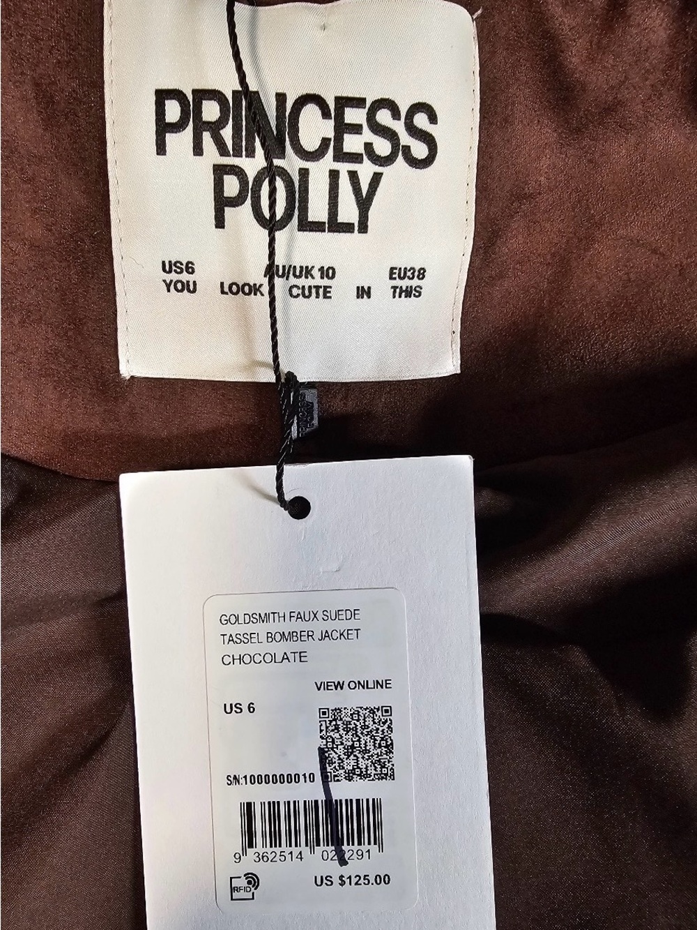 Princess Polly Goldsmith Faux Suede Fringe Bomber Jacket Brown US 6 - Picture 12 of 12